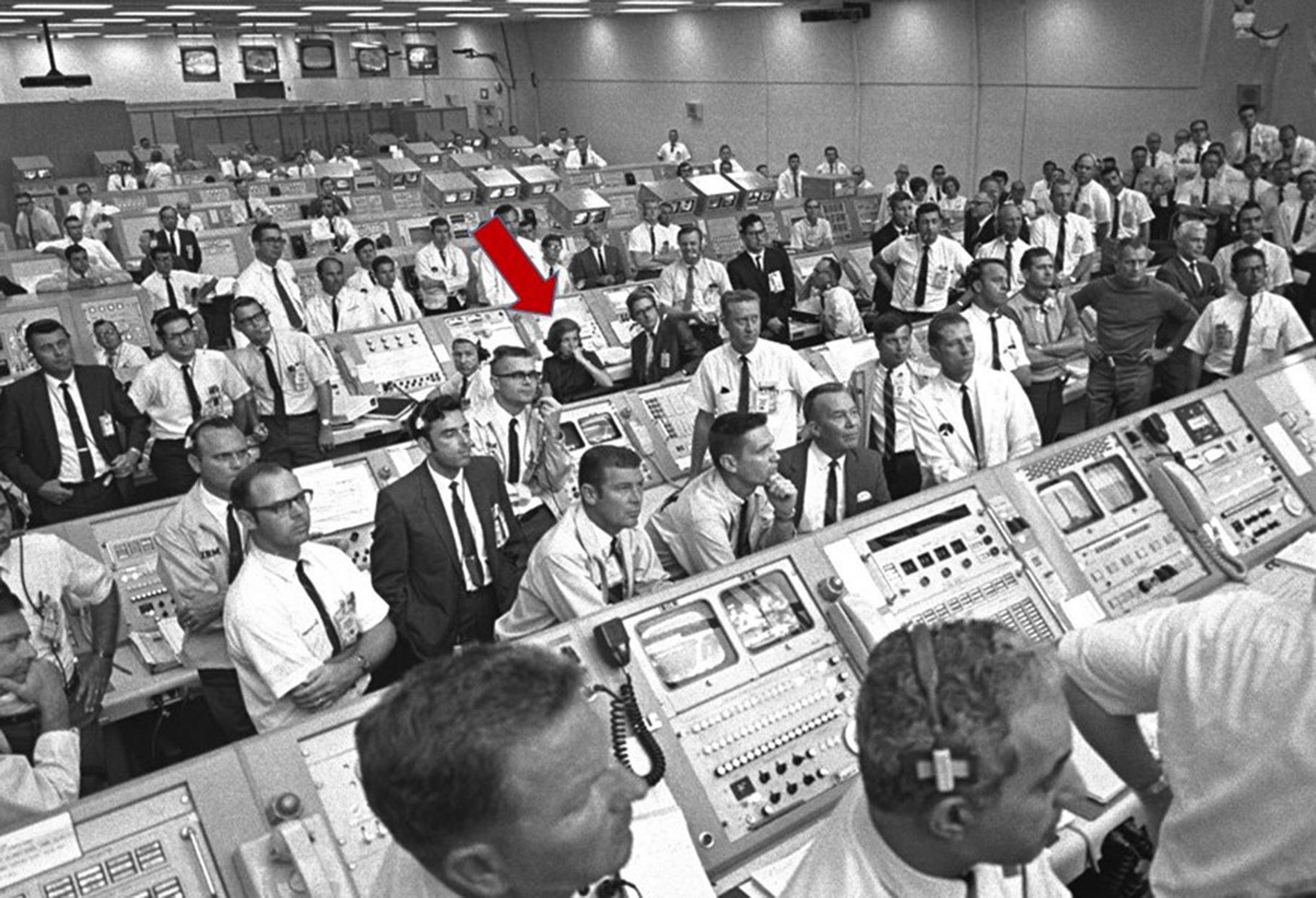 JoAnn Morgan at her console in Firing Room 1 during the Apollo 11 launch — the only woman in the room, July 16, 1969
