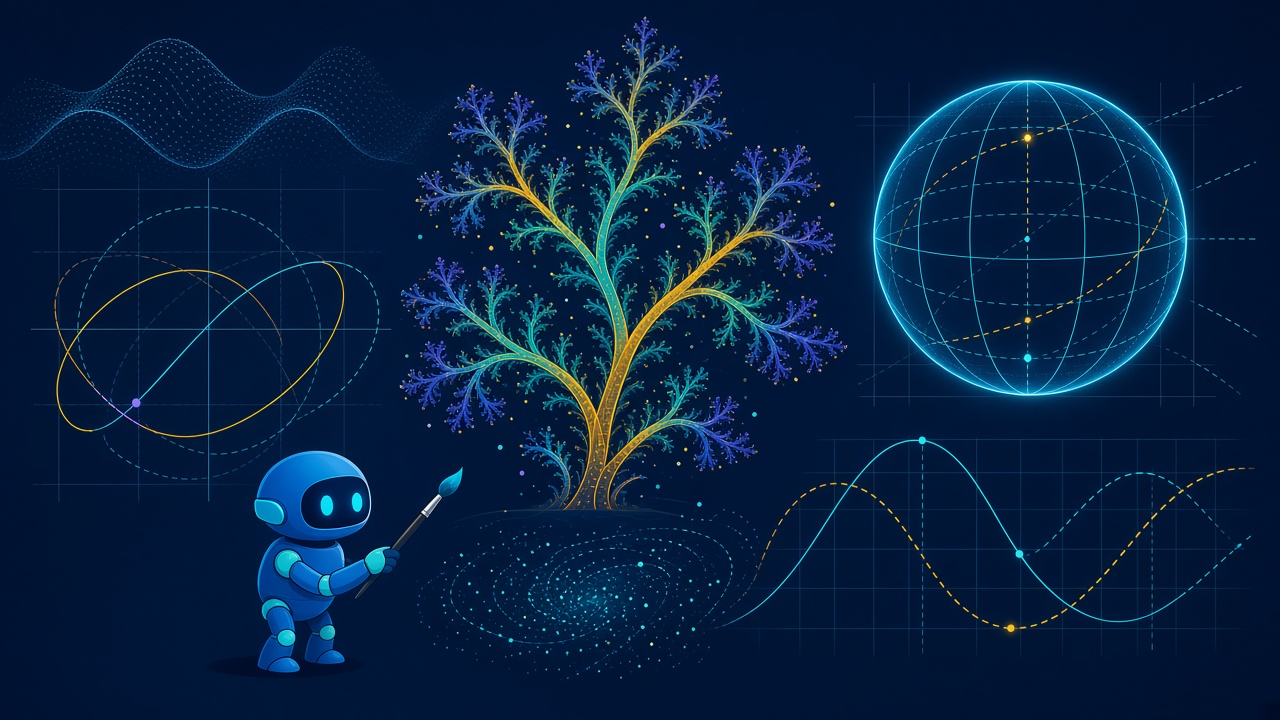 Fractal tree, plotted curves, particles, and a wireframe globe composed with mathematics