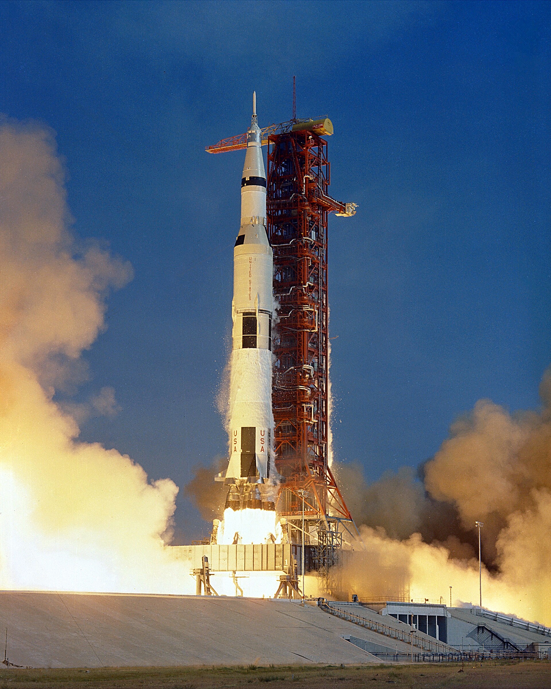 The Saturn V rocket carrying Apollo 11 lifts off from Launch Complex 39A, July 16, 1969