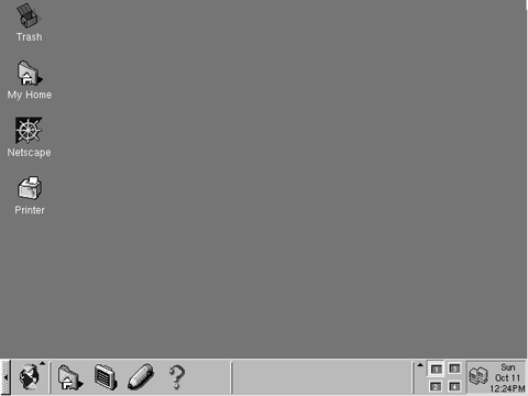 Corel LinuxOS's customized KDE desktop — Trash, My Home, Netscape, Printer. (Screenshot by Rocky L. Oliver.)