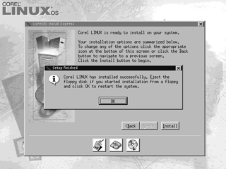Install Express, finished — the famous four-click install. "Eject the floppy disk if you started installation from a floppy." (Screenshot by Rocky L. Oliver.)