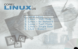 The LILO boot menu of a Corel 1.2 install — VGA mode, no-network, text mode, single-user, and "LILO - Expert" for when all else failed. (Screenshot by Rocky L. Oliver.)