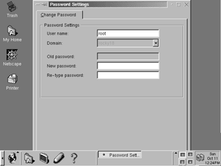 The live Corel 1.2 desktop — Trash, My Home, Netscape, Printer, and a Password Settings dialog mid-configuration. (Screenshot by Rocky L. Oliver.)