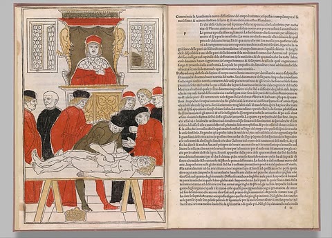 Title page of the Fasciculo di medicina (Venice, 1493): the professor reads from the cathedra while students follow in their own copies — the medieval lecture as print inherited it. Metropolitan Museum of Art, Open Access (CC0).