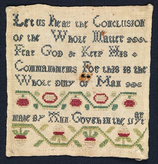 A charity-school sampler, 19th century: a girl's education stitched into linen — literacy, verse, moral instruction, and a trade. Metropolitan Museum of Art, Open Access (CC0).