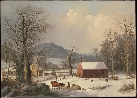 Red School House (Country Scene), George Henry Durrie, 1858: the one-room schoolhouse — every grade, one teacher, the stove at the center. Metropolitan Museum of Art, Open Access (CC0).