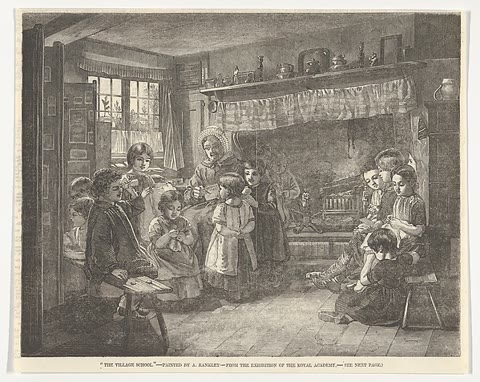 The Village School, Illustrated London News, 1856: the mass-schooling era — scores of pupils, one room, benches ordered by attainment. Metropolitan Museum of Art, Open Access (CC0).