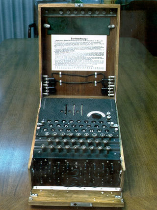 A German Enigma machine — rotors, lamps, and the plugboard the Bombes attacked
