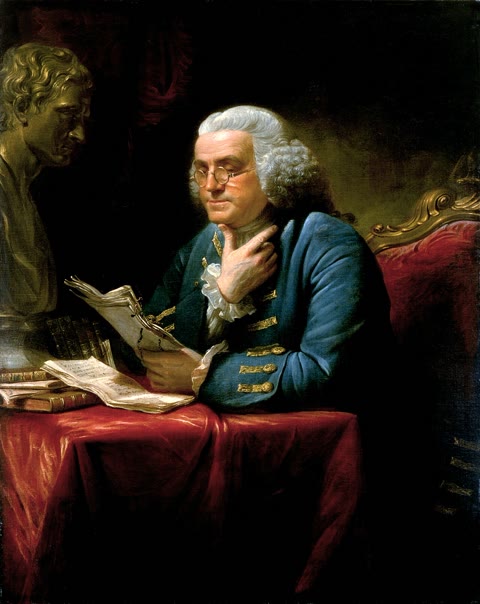 Benjamin Franklin, 1767 — the man who named + and − (public domain)