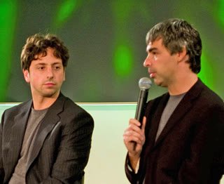 Sergey Brin (left) and Larry Page (right) in 2008. Photo cropped from a group image by Joi Ito, CC BY 2.0.