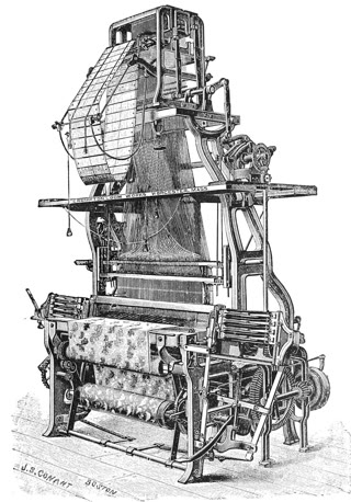 A carpet loom with Jacquard attachment — 1891 engraving. The card chain and reading head sit above the warp