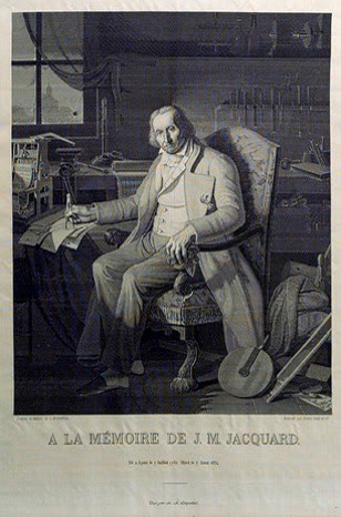 The woven silk portrait of Jacquard himself, ~1839 — roughly 24,000 cards of "program"