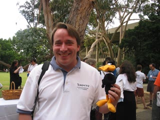 Linus Torvalds at an Australian Linux conference in 2002 — eleven years after posting his hobby announcement to a Usenet newsgroup.