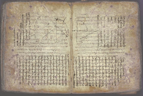 A leaf of the Archimedes Palimpsest — his mathematical work, scraped off and overwritten with prayers a thousand years ago, recovered in the 1990s by X-ray imaging. The erased text underneath turned out to contain an early use of actual infinity, two thousand years before calculus (Walters Art Museum, public domain).