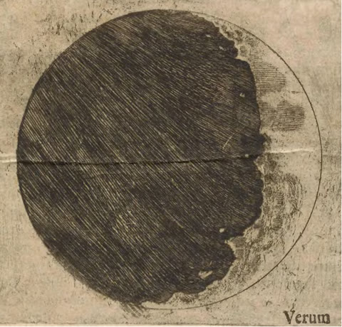 Galileo's own sketches of the crescent Moon, printed in Sidereus Nuncius (1610) — the first published drawings of what a telescope actually shows. The terminator line proves the surface is rough with mountains (public domain).