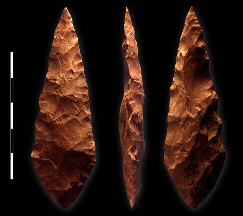 A Blombos stone point — the refined toolkit of people who also engraved ochre and strung shell beads ~75,000 years ago (Vincent Mourre / Inrap, CC BY-SA 3.0).