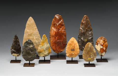 Nine Acheulean bifaces, 700,000–200,000 BCE — the longest-lived technology in human history, made for one and a half million years (Metropolitan Museum of Art, CC0).