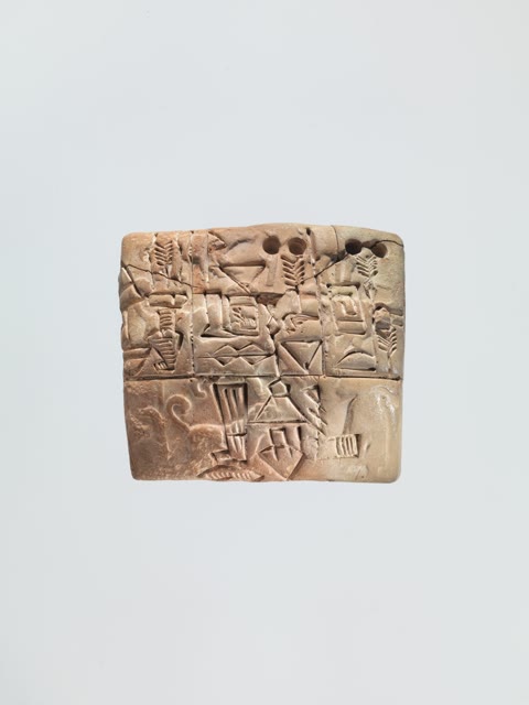 A proto-cuneiform tablet from Uruk, ~3,100–2,900 BCE — a barley-distribution account with seal impressions. One of the oldest documents on Earth, and the end of the era this article describes (Metropolitan Museum of Art, CC0).