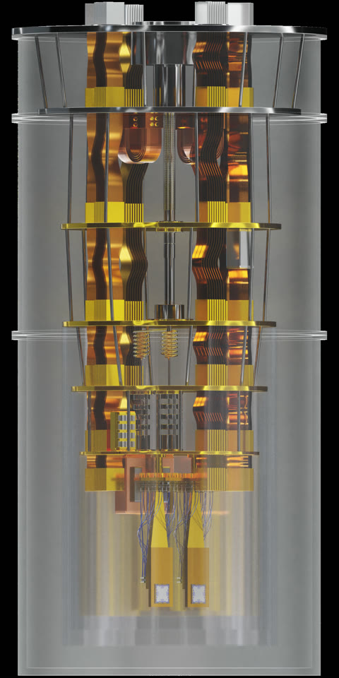 Inside a dilution refrigerator — the chandelier of gold that keeps a quantum processor near absolute zero. Every gate in it is reversible by physical law, not by choice (OJB Quantum, CC BY 4.0).