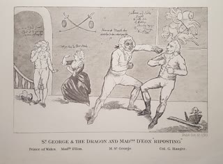 "St. George & the Dragon" — the Morning Post cartoon of 12 April 1789: Saint-Georges spars with Colonel Hanger while "Mlle" d'Éon and a black-eyed Prince of Wales look on