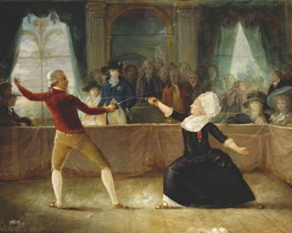 The fencing match at Carlton House, 9 April 1787 — Saint-Georges and the Chevalière d'Éon before the Prince of Wales. Painting by Abbé Robineau