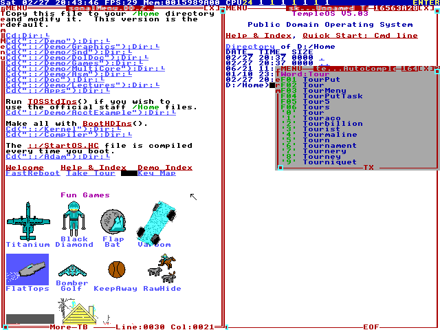 DolDoc source (top left) and the "Fun Games" sprite index — every icon is embedded art inside a document. Public domain.