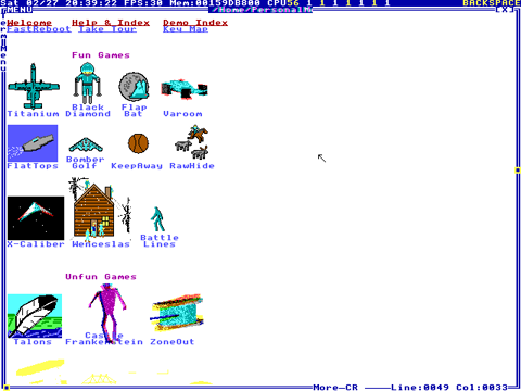 The "Fun Games" index rendered — sprite icons as links; note the honest "Unfun Games" section below. Public domain.