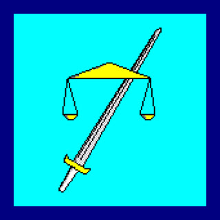 The TempleOS emblem — the scales of justice pierced by a sword, rendered in the covenant's own 16 colors. Public domain.