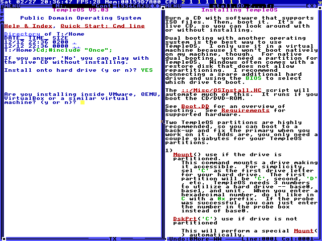 Install-time in a VM — the DolDoc install doc on the right, #include "Once"; and the install prompt on the left. Public domain.
