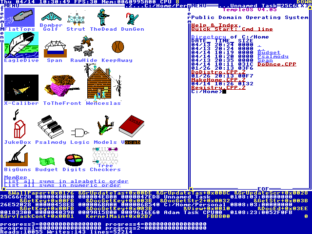 A TempleOS 4.05 session — DolDoc document with sprite art (top), HolyC command line (middle), memory dump (bottom). Public domain.
