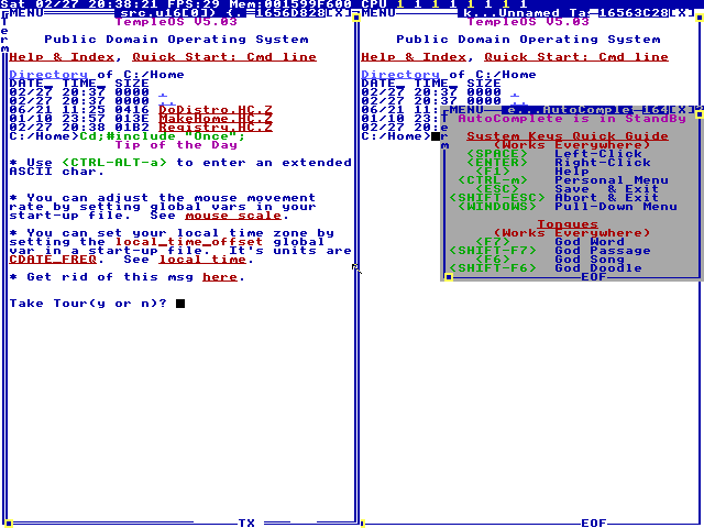 The System Keys Quick Guide in a live session — the "Tongues" block (F7 word, Shift-F7 passage, F6 song, Shift-F6 doodle) is a first-class feature next to Save and Help. Public domain.