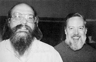 Ken Thompson (left) and Dennis Ritchie at a PDP-11, circa 1973. Public domain.
