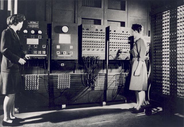 Betty Jennings (left) and Frances Bilas (right) operating ENIAC's main control panel, c. 1946 — the most widely reproduced image of the ENIAC six at work. U.S. Army photograph, public domain.
