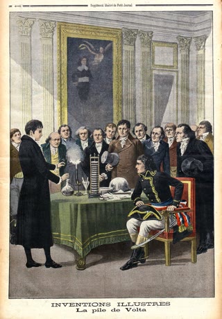 Volta demonstrates his pile to Napoleon — Le Petit Journal (public domain)