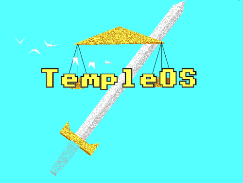 The TempleOS logo — a sword through a golden temple pediment on a cyan field